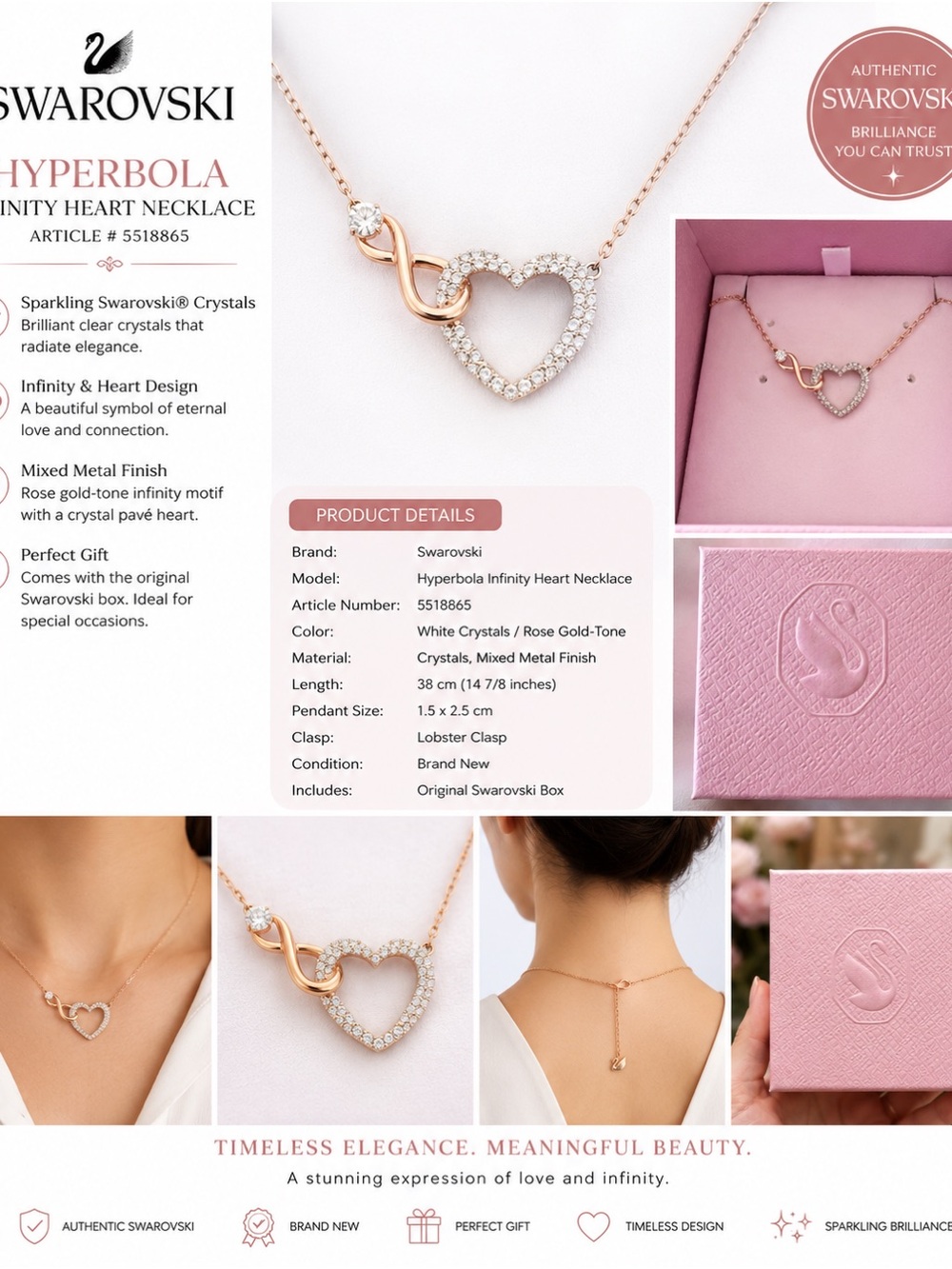 Swarovski Rose Gold-Tone Heart & Infinity Necklace with White Crystals